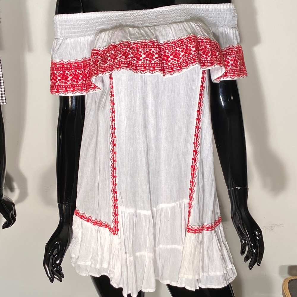 White rayon with red stitch detail cover up/dress